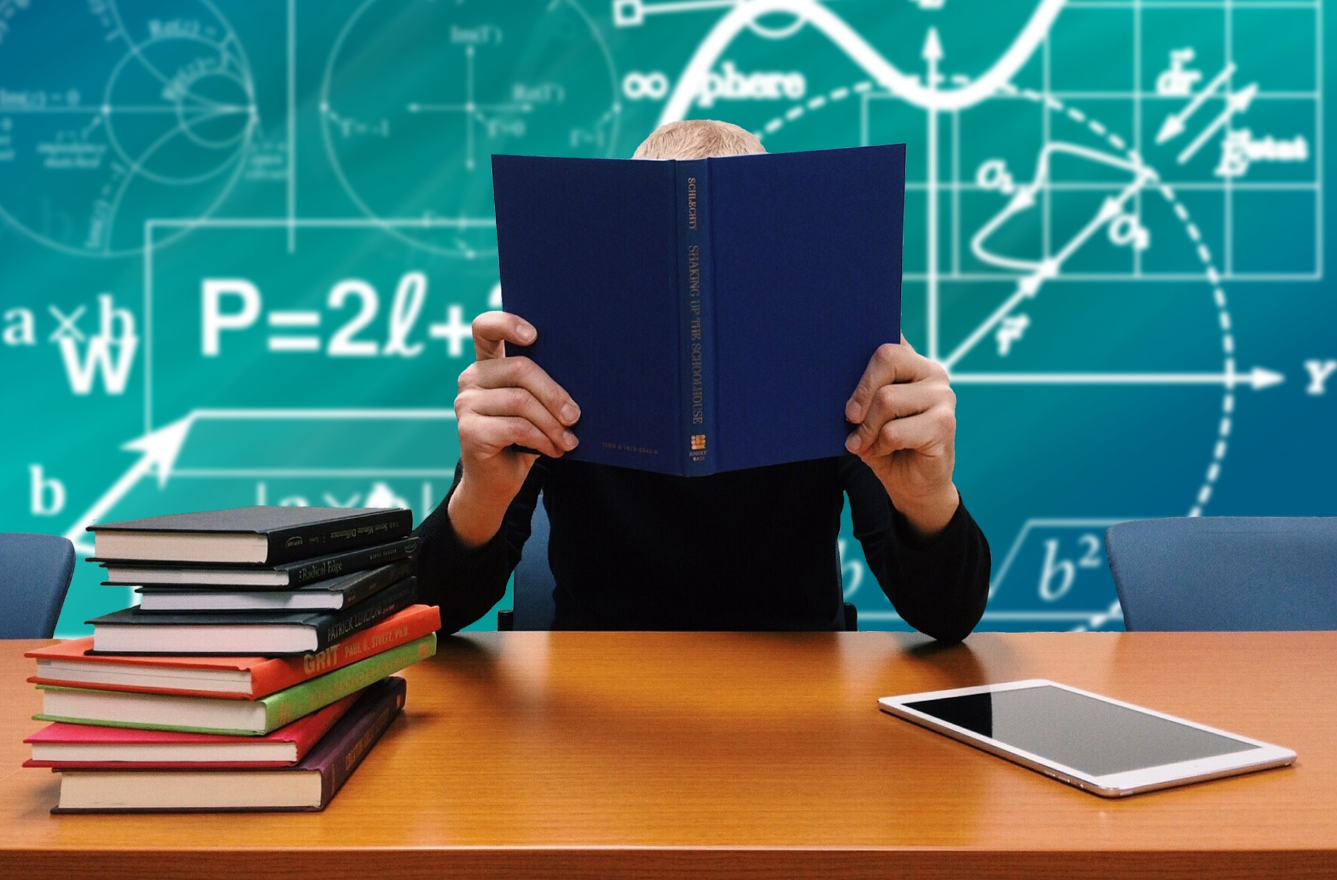 Professional clutching book in front of blackboard